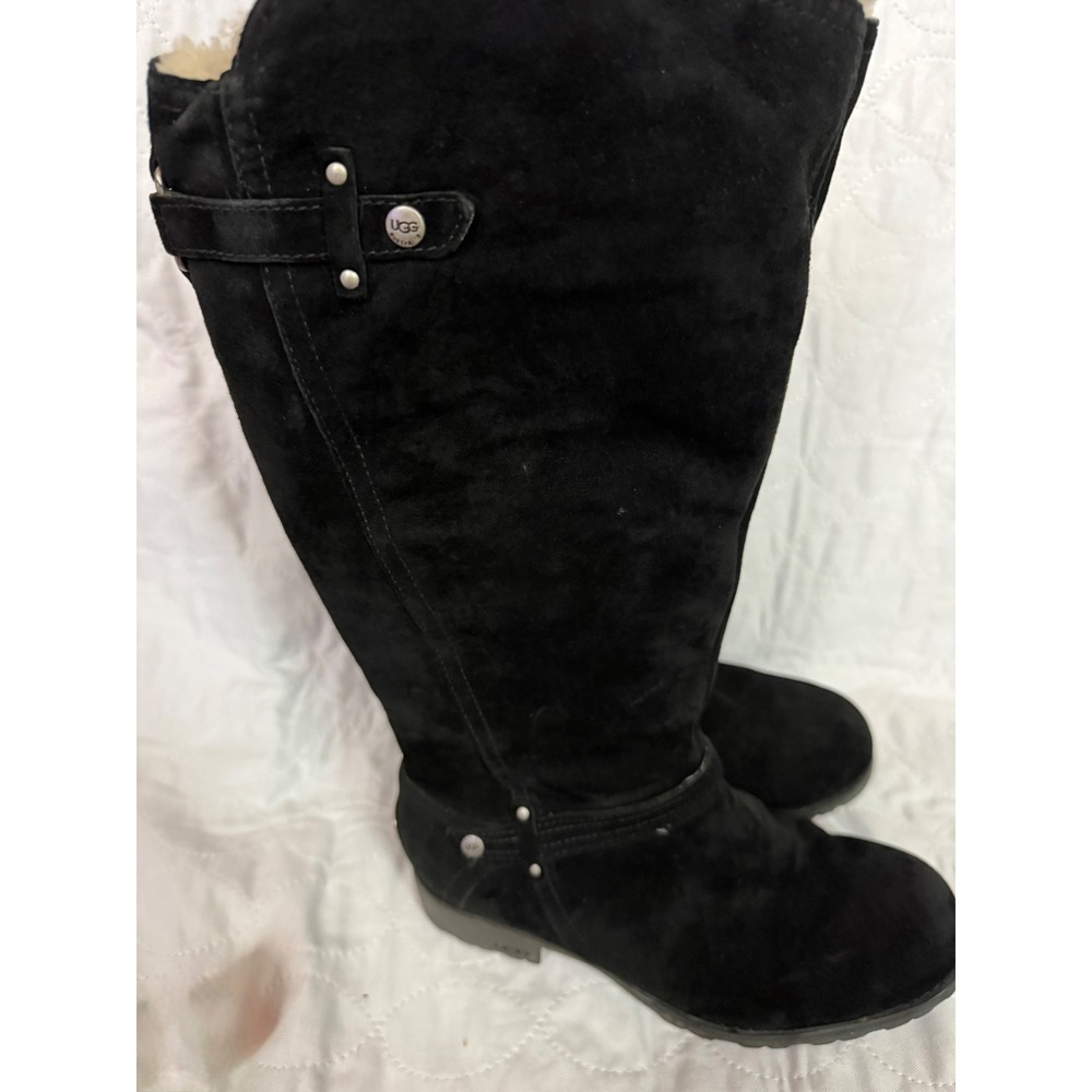 UGG Australia Black Suede Tall Knee High Boots Sheepskin Lined Side Zip Women